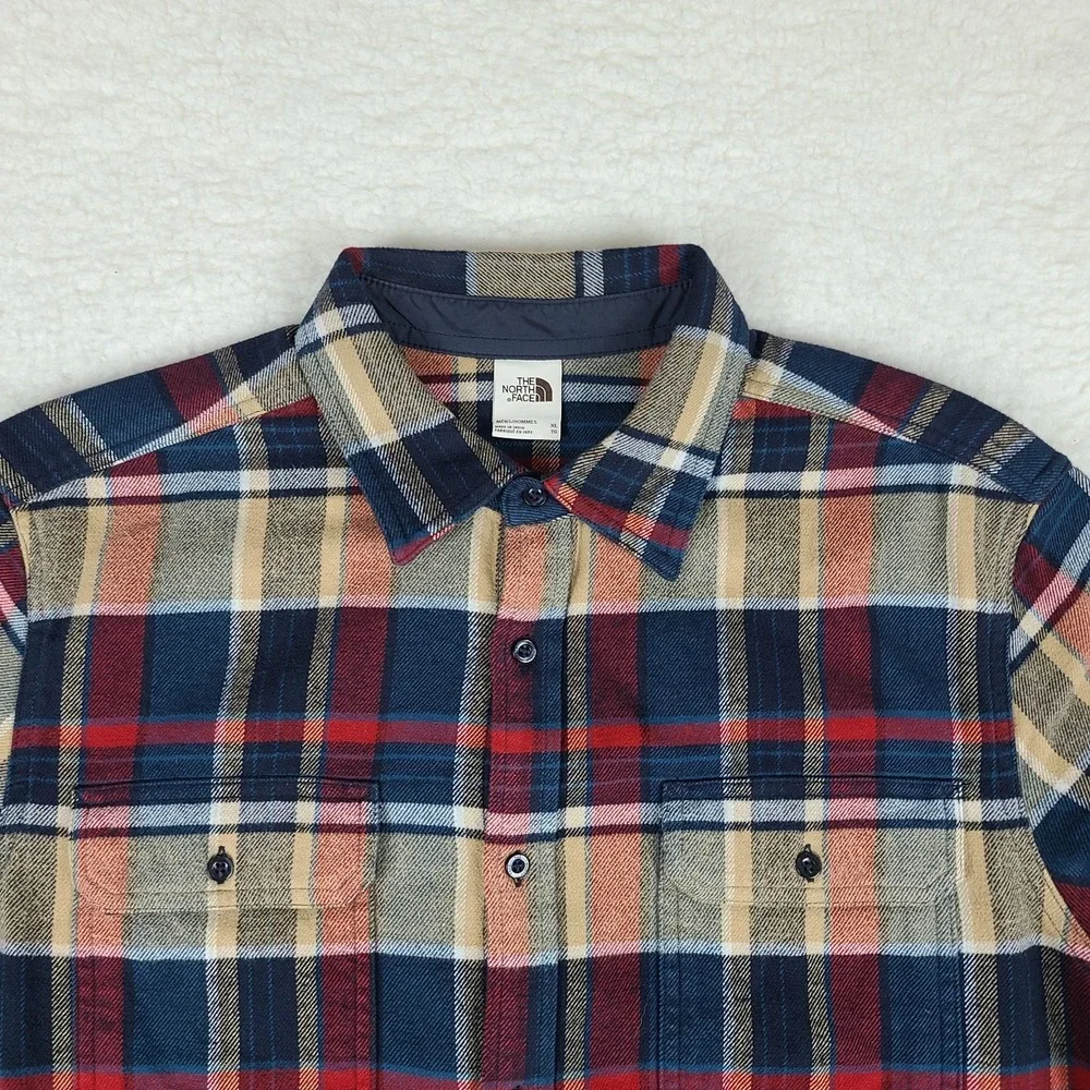 The North Face Shirt Mens XL Blue Beige Red Plaid Cotton Flannel Button Up‎